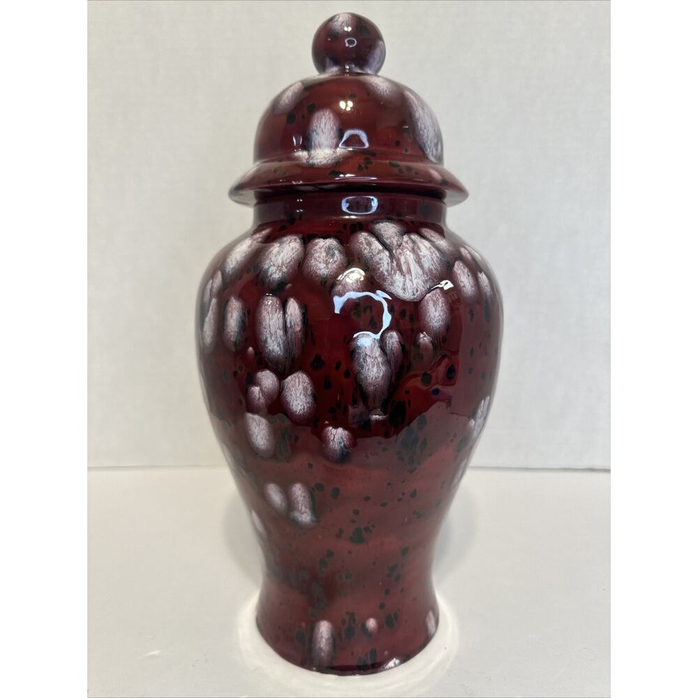 Handmade‎ Red White Drip Glaze Ceramic Ginger Jar Vase with Lid 13.5"
